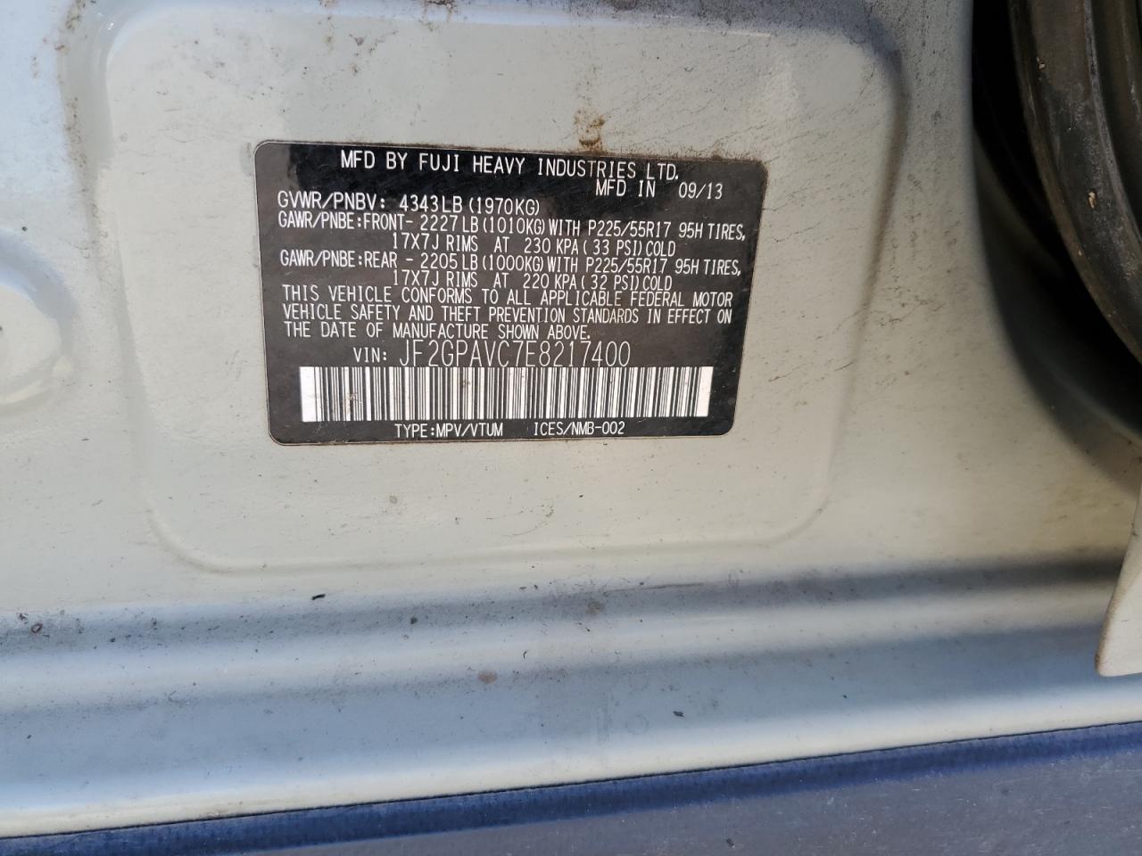 2014 Subaru XV VIN JF2GPAVC7E8217400 Copart auction photo, all over damage thumbnail 12