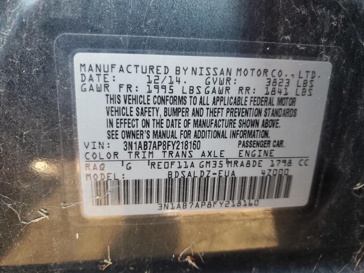 2015 Nissan Sentra VIN 3N1AB7AP8FY218160 Copart auction photo, rear end / side damage thumbnail 12