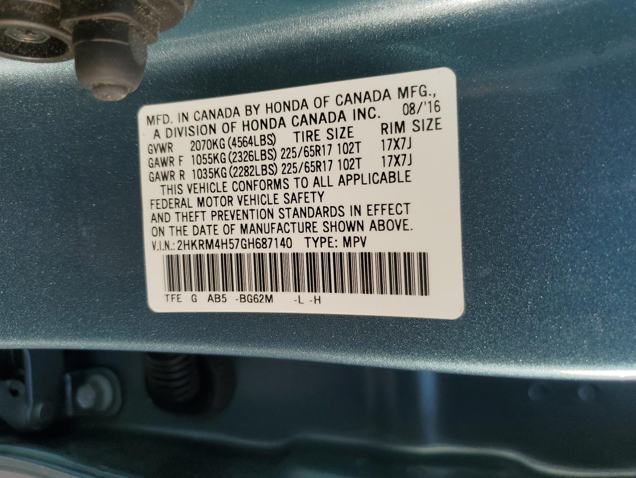 2016 Honda CR-V VIN 2HKRM4H57GH687140 Copart auction photo, front end damage thumbnail 12