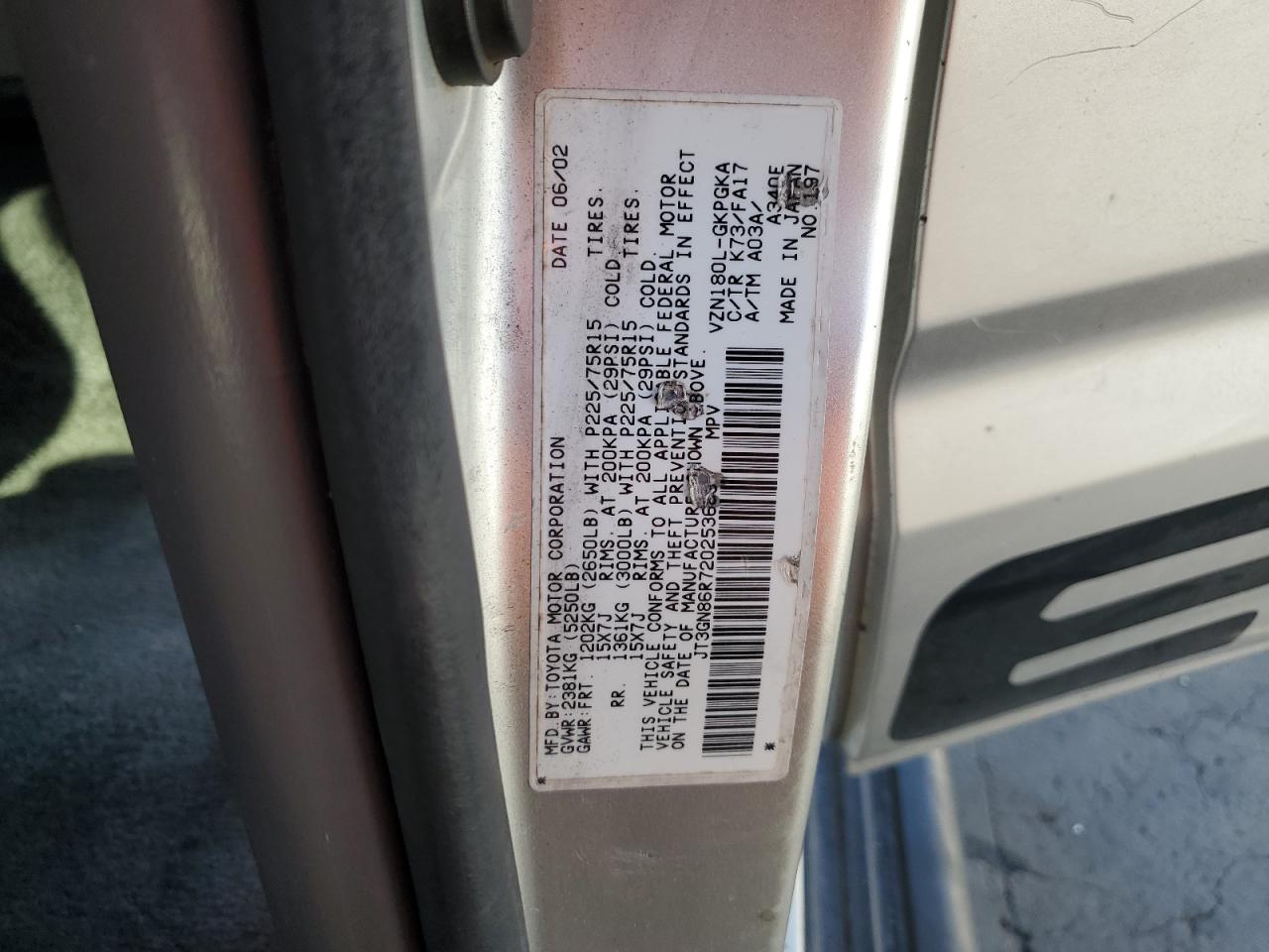 2002 Toyota 4Runner VIN JT3GN86R720253683 Copart auction photo, front end damage thumbnail 15
