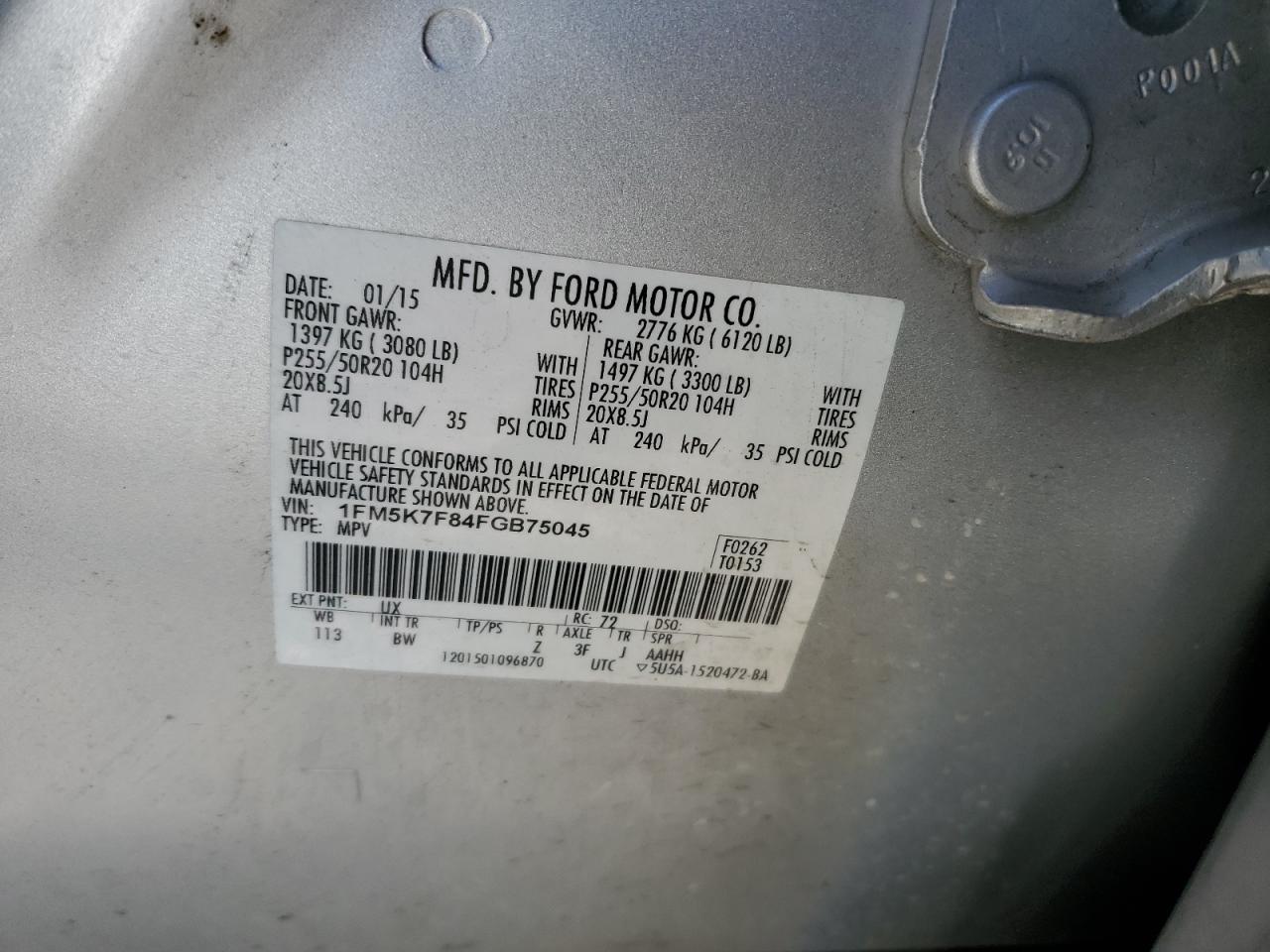 2015 Ford Explorer VIN 1FM5K7F84FGB75045 Copart auction photo, front end damage thumbnail 16