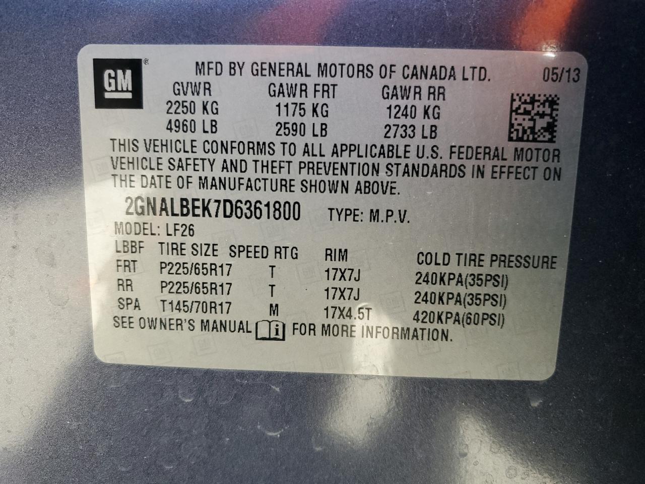 2013 Chevrolet Equinox VIN 2GNALBEK7D6361800 Copart auction photo, front end damage thumbnail 13