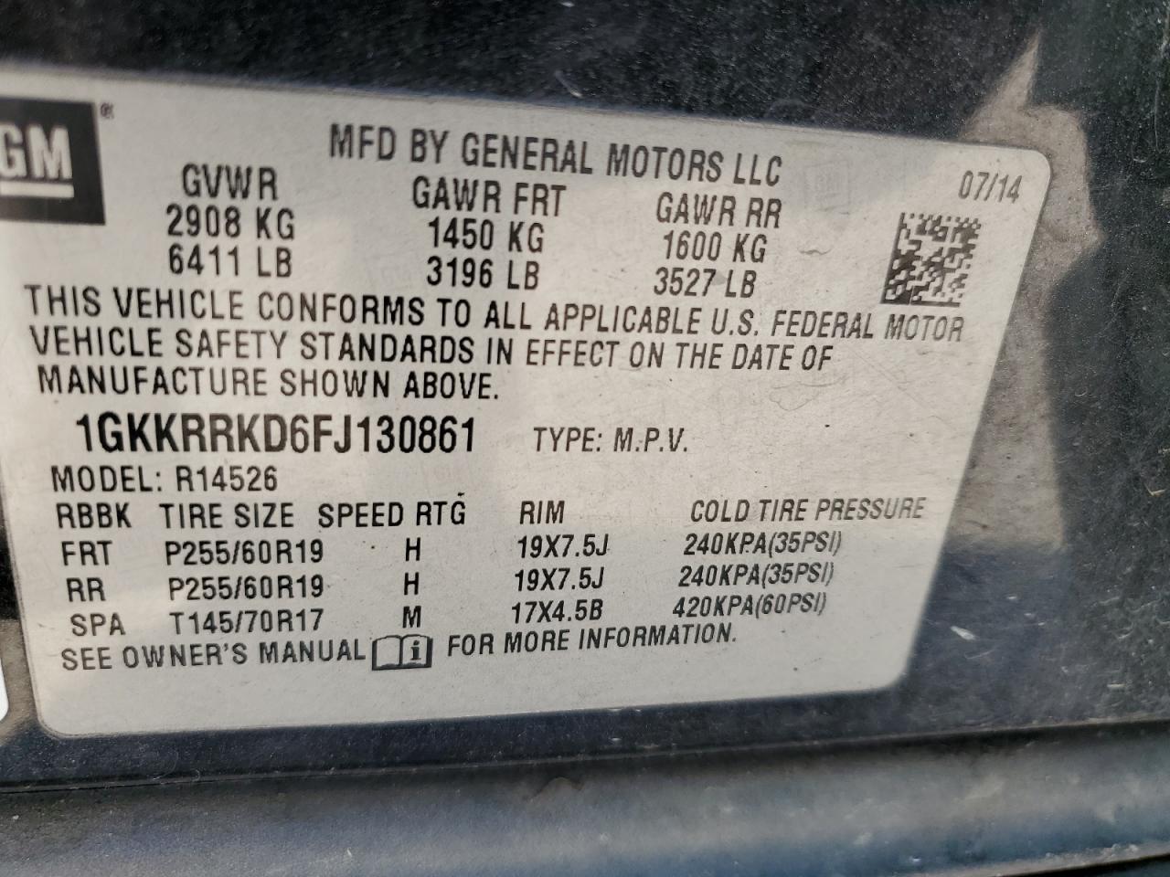 2015 GMC Acadia VIN 1GKKRRKD6FJ130861 Copart auction photo, front end damage thumbnail 16