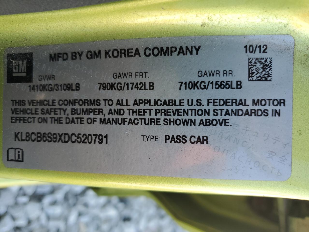 2013 Chevrolet Spark VIN KL8CB6S9XDC520791 Copart auction photo, side / rear end damage thumbnail 14
