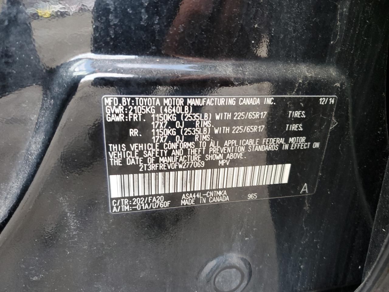 2015 Toyota RAV 4 VIN 2T3RFREV0FW277069 Copart auction photo, front end / minor dent/scratches damage thumbnail 13