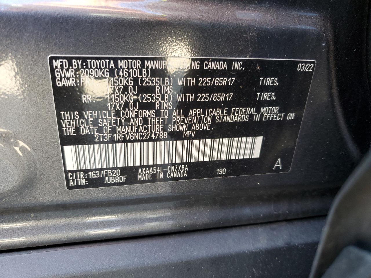2022 Toyota RAV 4 VIN 2T3F1RFV6NC274788 Copart auction photo, front end / minor dent/scratches damage thumbnail 13