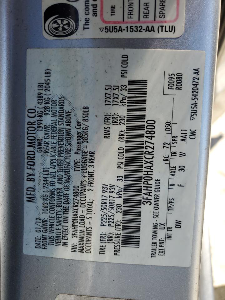 2012 Ford Fusion VIN 3FAHP0HAXCR274800 Copart auction photo, front end damage thumbnail 12