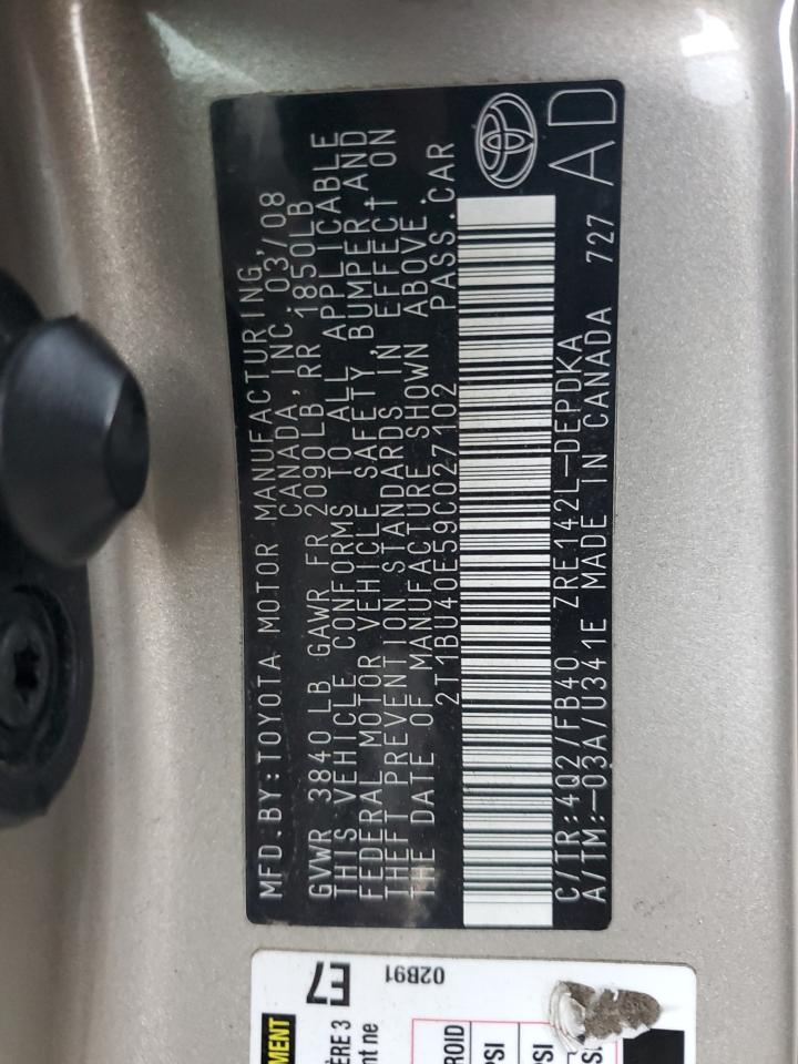 2009 Toyota Corolla VIN 2T1BU40E59C027102 Copart auction photo, front end damage thumbnail 12