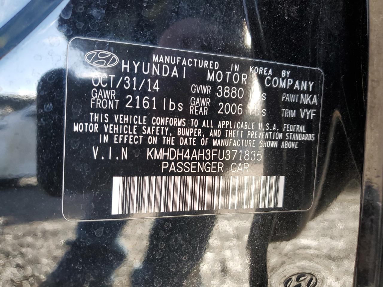2015 Hyundai Elantra VIN KMHDH4AH3FU371835 Copart auction photo, front end damage thumbnail 14