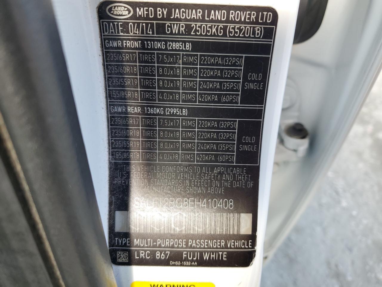 2014 Land Rover LR2 VIN SALFT2BG8EH410408 Copart auction photo, front end / side damage thumbnail 13