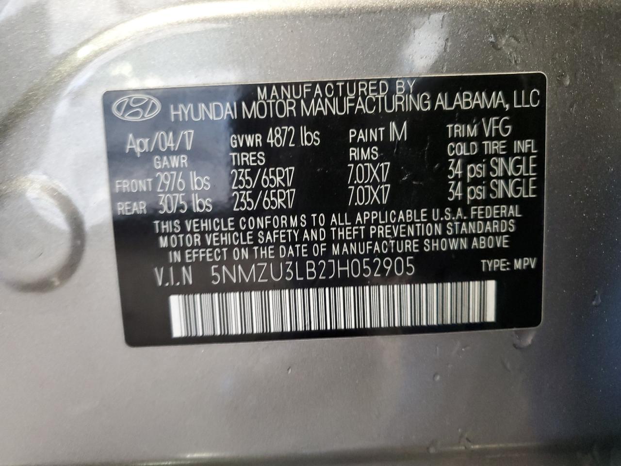 2018 Hyundai Santa Fe VIN 5NMZU3LB2JH052905 Copart auction photo, rear end damage thumbnail 14