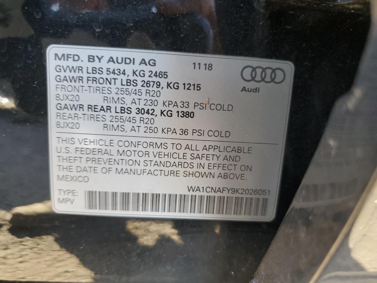 2019 Audi Q5 VIN WA1CNAFY9K2026051 Copart auction photo, front end / minor dent/scratches damage thumbnail 13