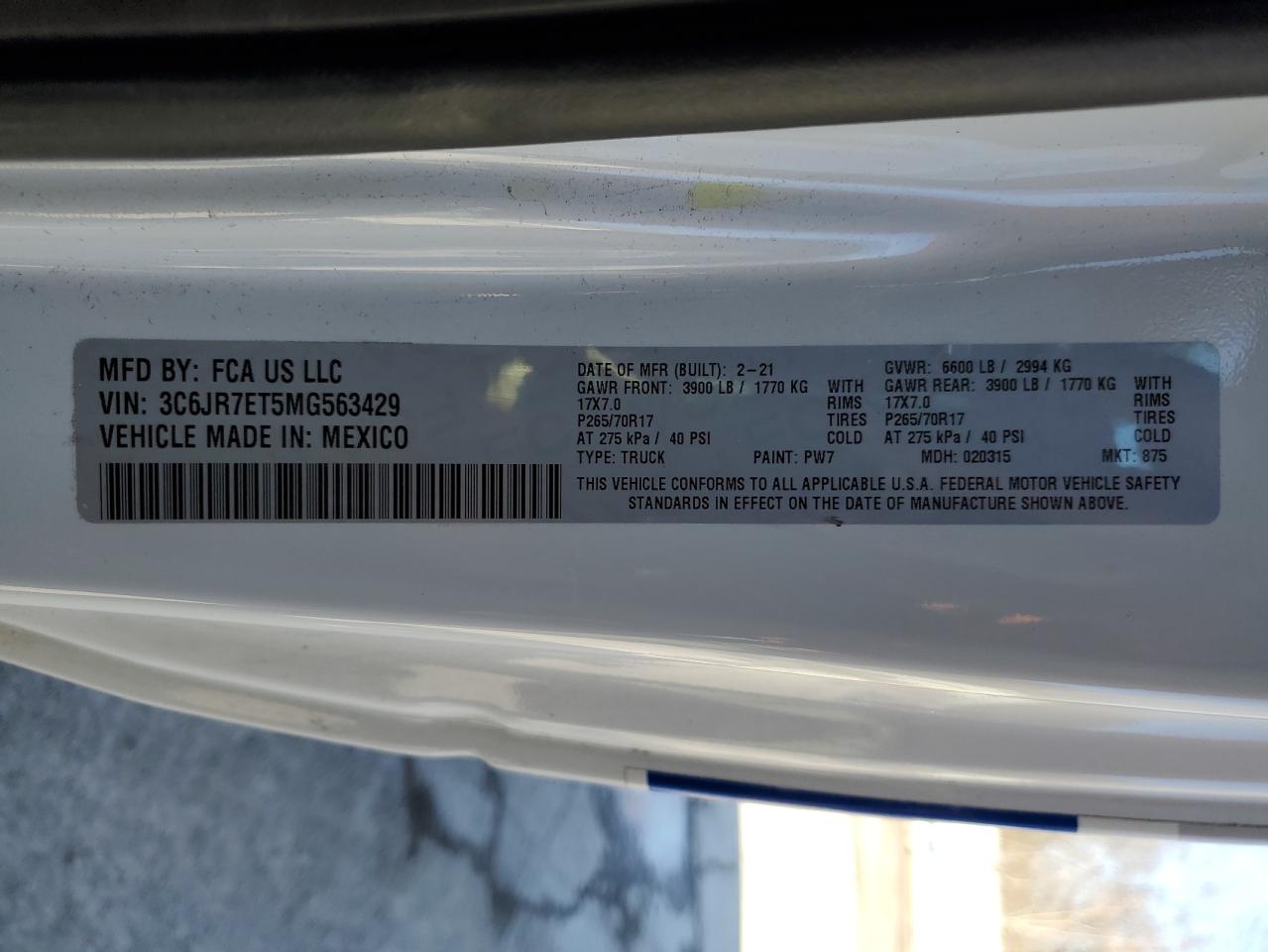 2021 RAM 1500 VIN 3C6JR7ET5MG563429 Copart auction photo, front end damage thumbnail 13