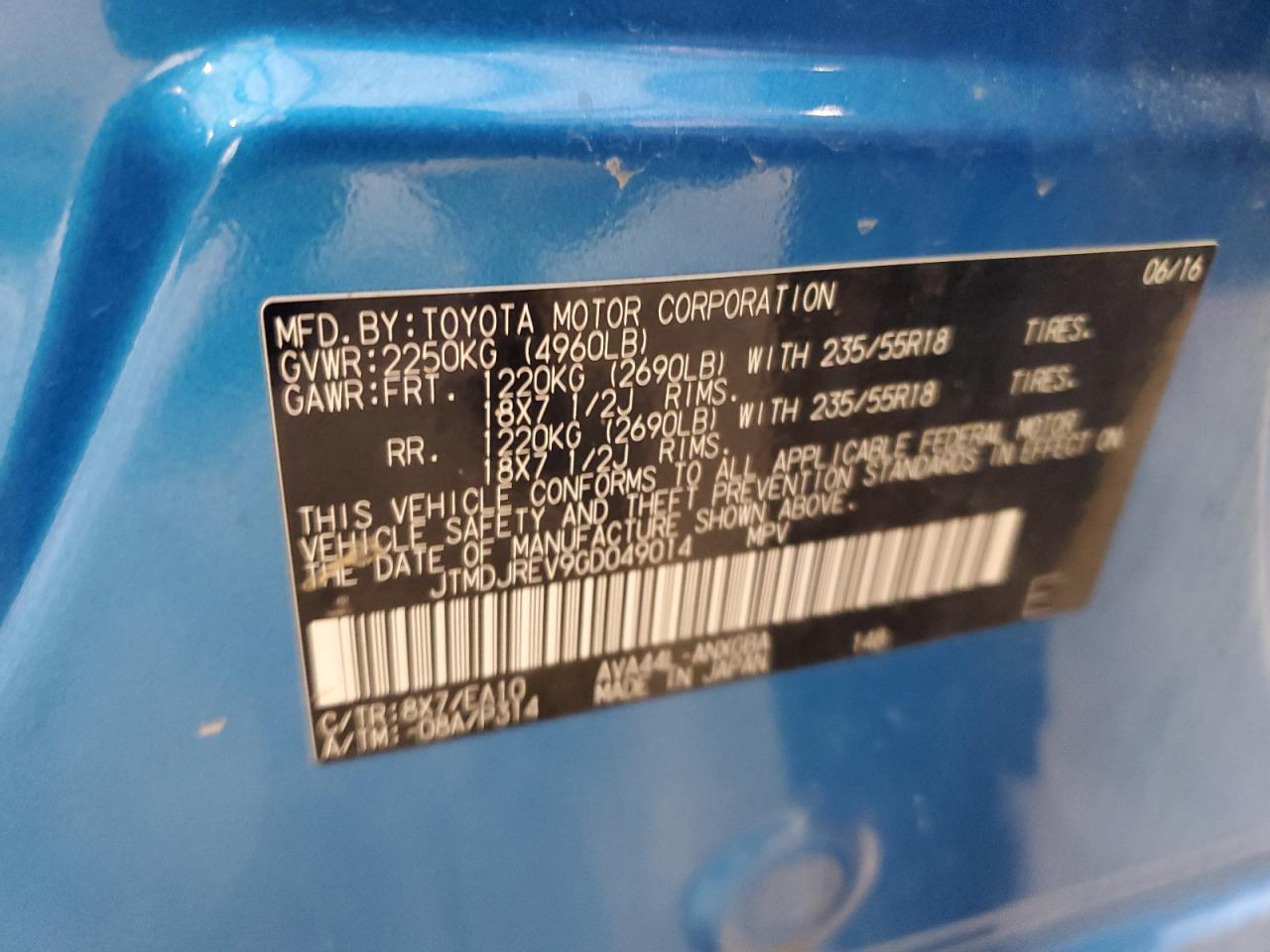 2016 Toyota RAV 4 VIN JTMDJREV9GD049014 Copart auction photo, water/flood damage thumbnail 14