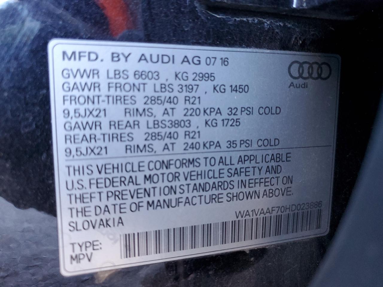 2017 Audi Q7 VIN WA1VAAF70HD023886 Copart auction photo, undercarriage damage thumbnail 13