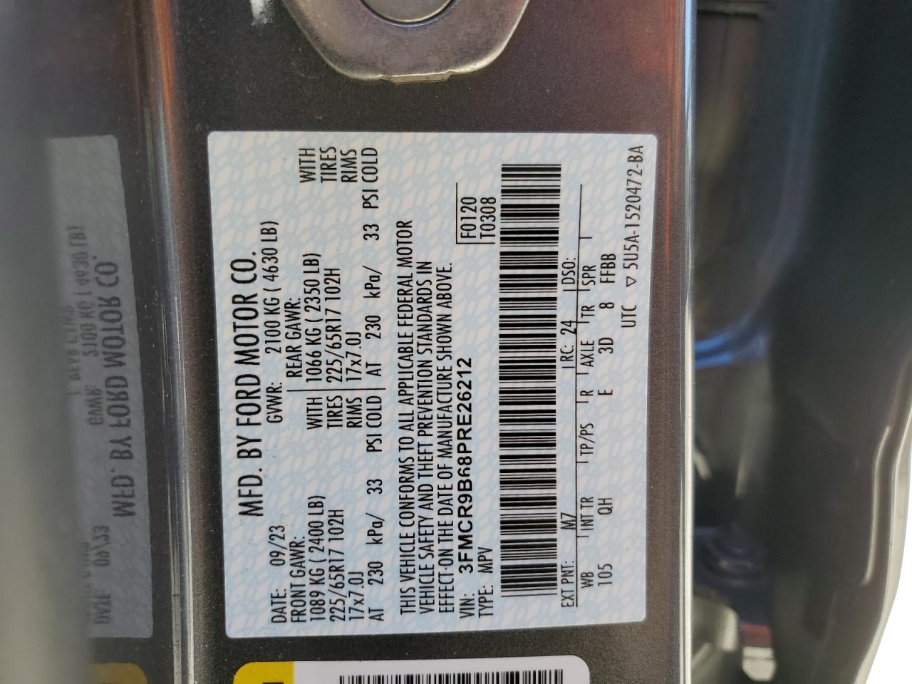 2023 Ford Bronco VIN 3FMCR9B68PRE26212 Copart auction photo, rear end damage thumbnail 14
