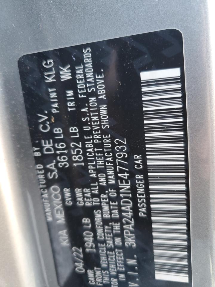 2022 KIA Rio VIN 3KPA24AD1NE477932 Copart auction photo, front end damage thumbnail 12