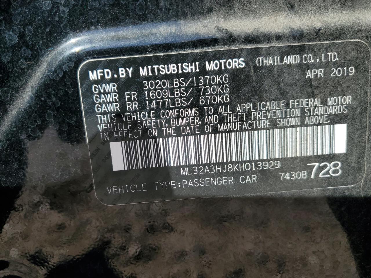 2019 Mitsubishi Mirage VIN ML32A3HJ8KH013929 Copart auction photo, side damage thumbnail 14