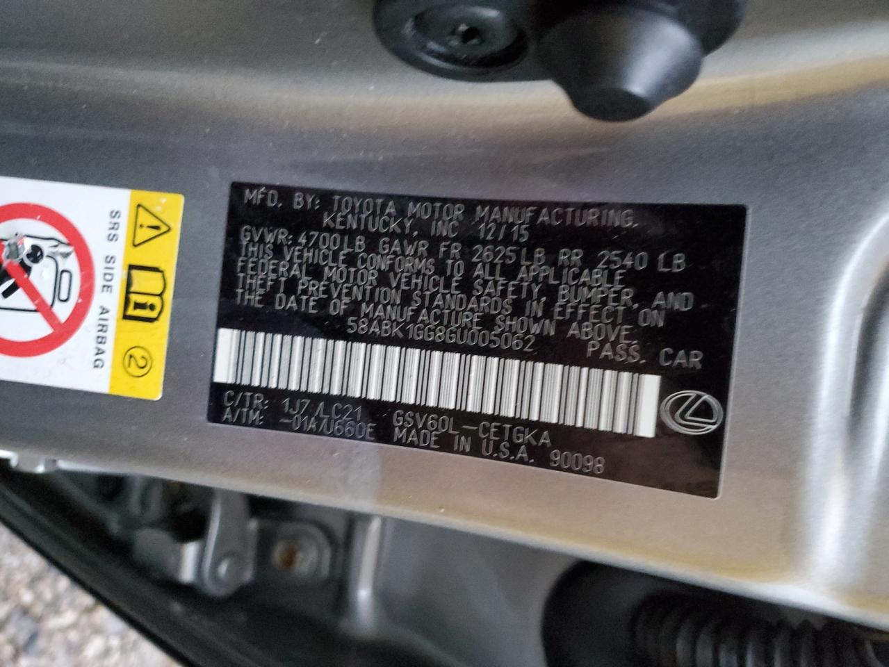 2016 Lexus ES VIN 58ABK1GG8GU005062 Copart auction photo, rear end damage thumbnail 13