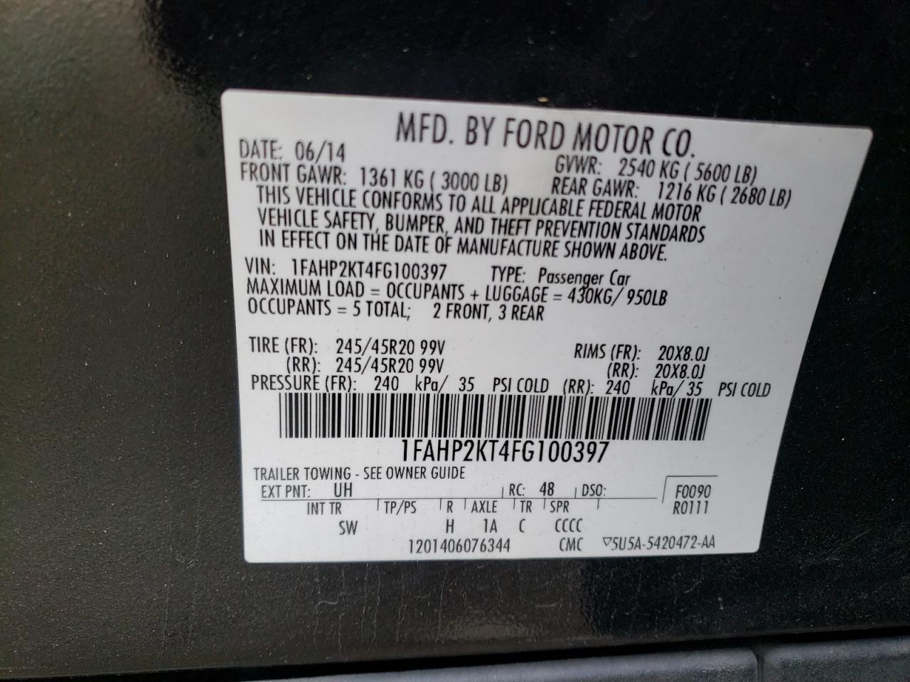 2015 Ford Taurus VIN 1FAHP2KT4FG100397 Copart auction photo, rear end damage thumbnail 13