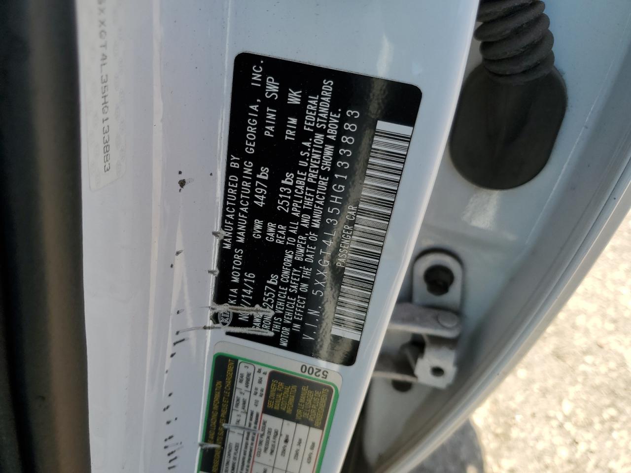 2017 KIA Optima VIN 5XXGT4L35HG133883 Copart auction photo, front end damage thumbnail 12