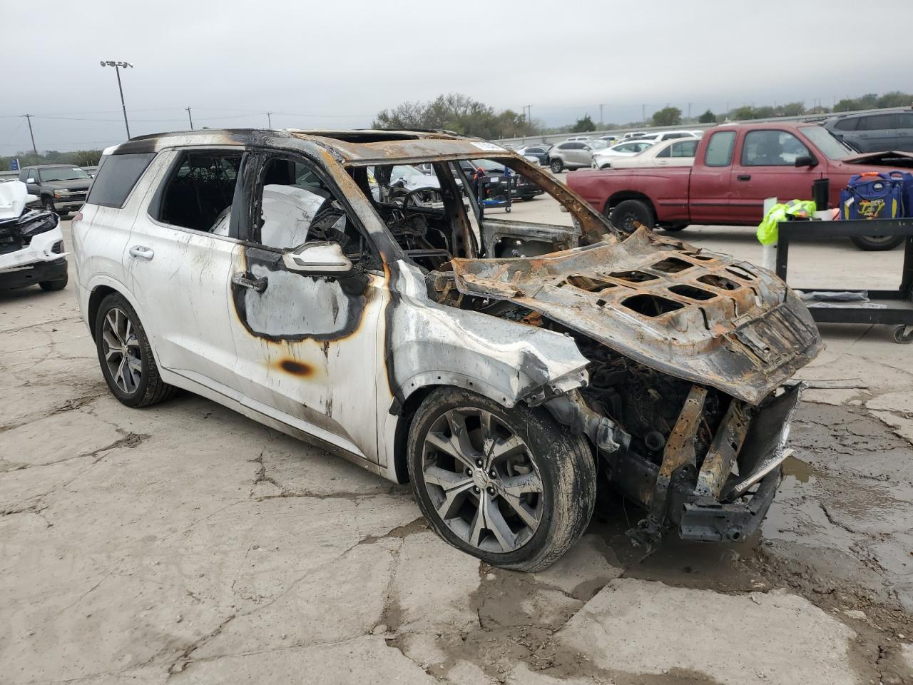 2021 Hyundai Palisade VIN KM8R54HE1MU187730 Copart auction photo, burn damage thumbnail 4
