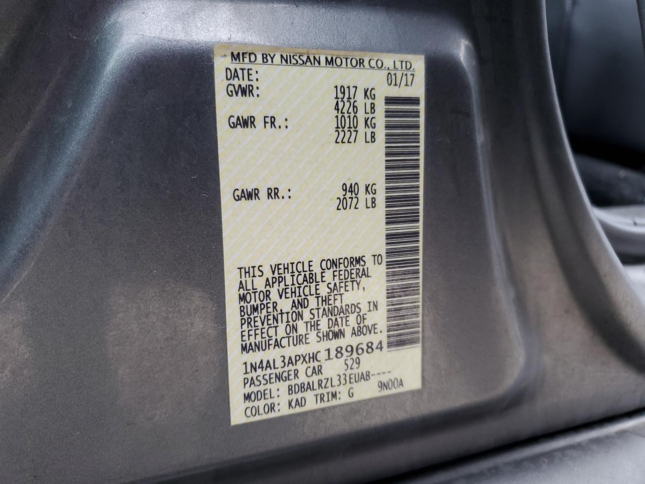 2017 Nissan Altima VIN 1N4AL3APXHC189684 Copart auction photo, front end damage thumbnail 15