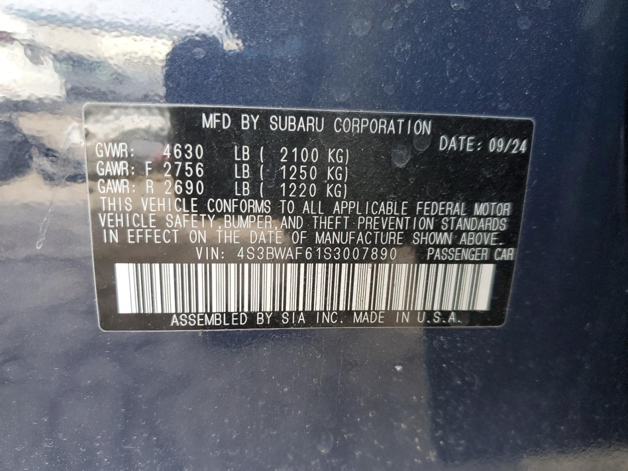 2025 Subaru Legacy VIN 4S3BWAF61S3007890 Copart auction photo, front end damage thumbnail 15