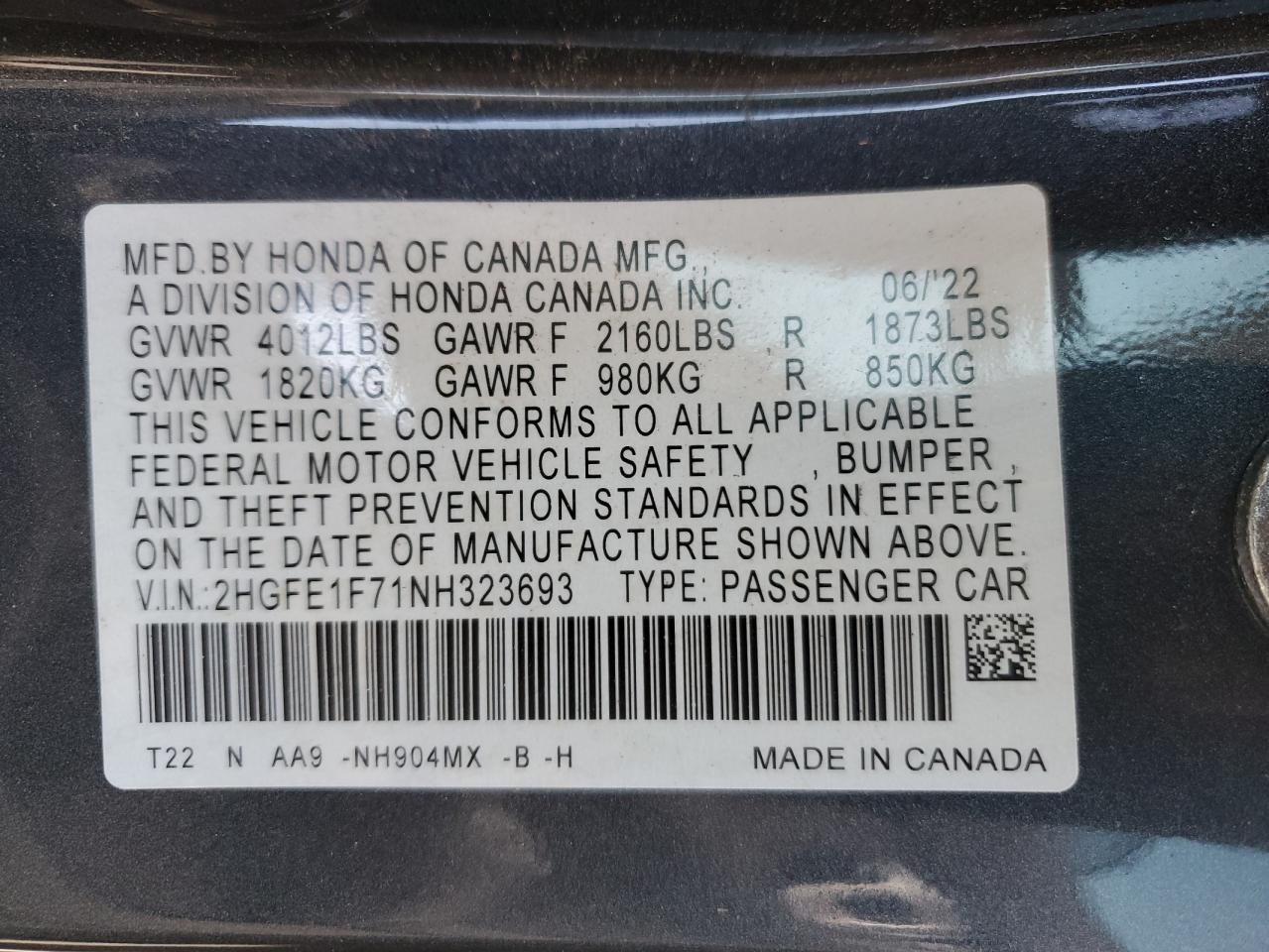 2022 Honda Civic VIN 2HGFE1F71NH323693 Copart auction photo, top/roof / minor dent/scratches damage thumbnail 12