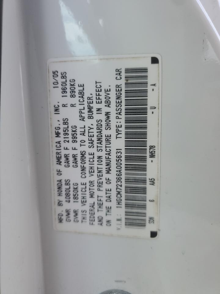 2006 Honda Accord VIN 1HGCM72366A005631 Copart auction photo, water/flood damage thumbnail 13