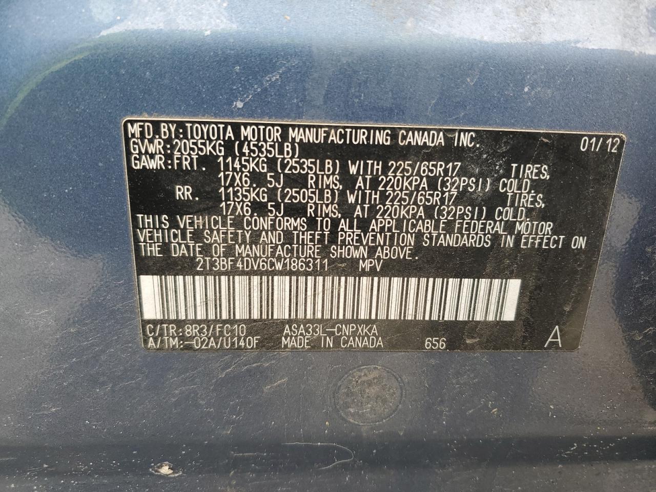 2012 Toyota RAV 4 VIN 2T3BF4DV6CW186311 Copart auction photo, front end damage thumbnail 15