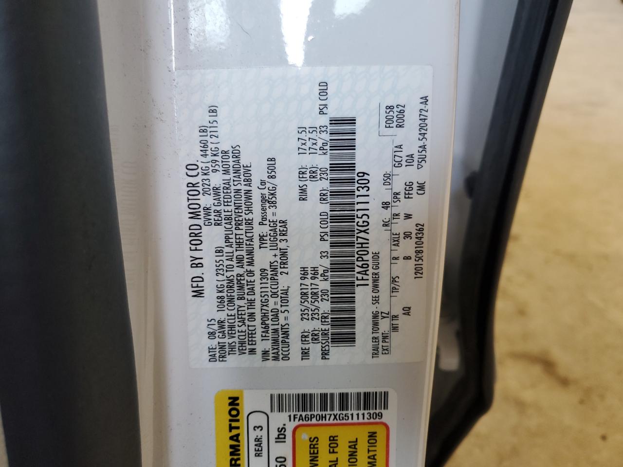 2016 Ford Fusion VIN 1FA6P0H7XG5111309 Copart auction photo, front end / side damage thumbnail 12