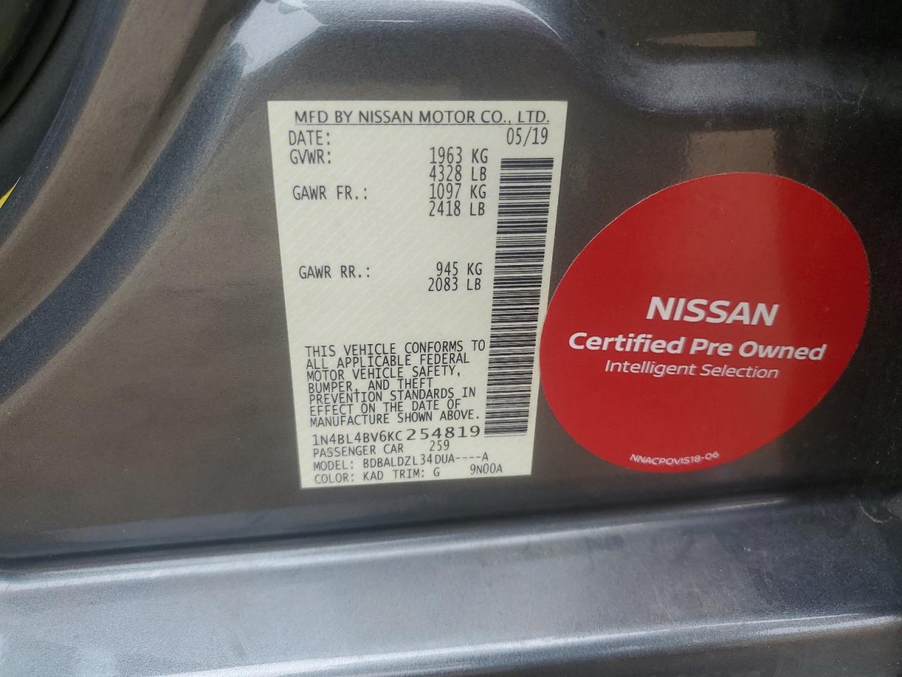 2019 Nissan Altima VIN 1N4BL4BV6KC254819 Copart auction photo, rear end / side damage thumbnail 12