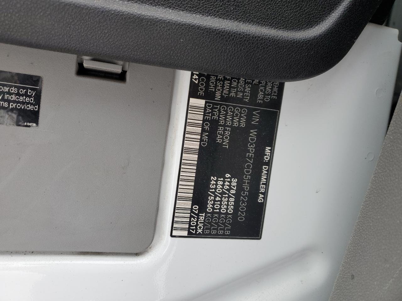 2017 Mercedes-Benz Sprinter VIN WD3PE7CD5HP523020 Copart auction photo, rear end damage thumbnail 15