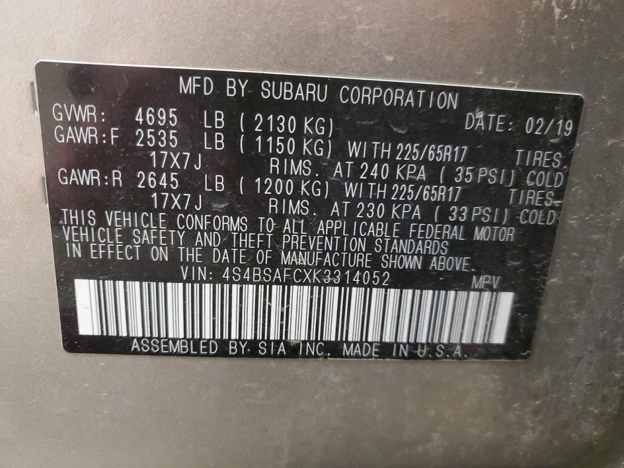2019 Subaru Outback VIN 4S4BSAFCXK3314052 Copart auction photo, front end damage thumbnail 14