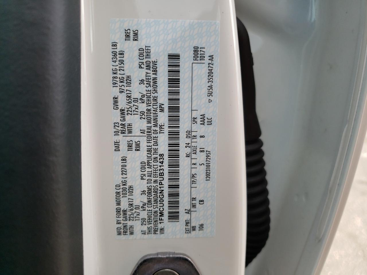 2023 Ford Escape VIN 1FMCU0GN1PUB31438 Copart auction photo, side / rear end damage thumbnail 13