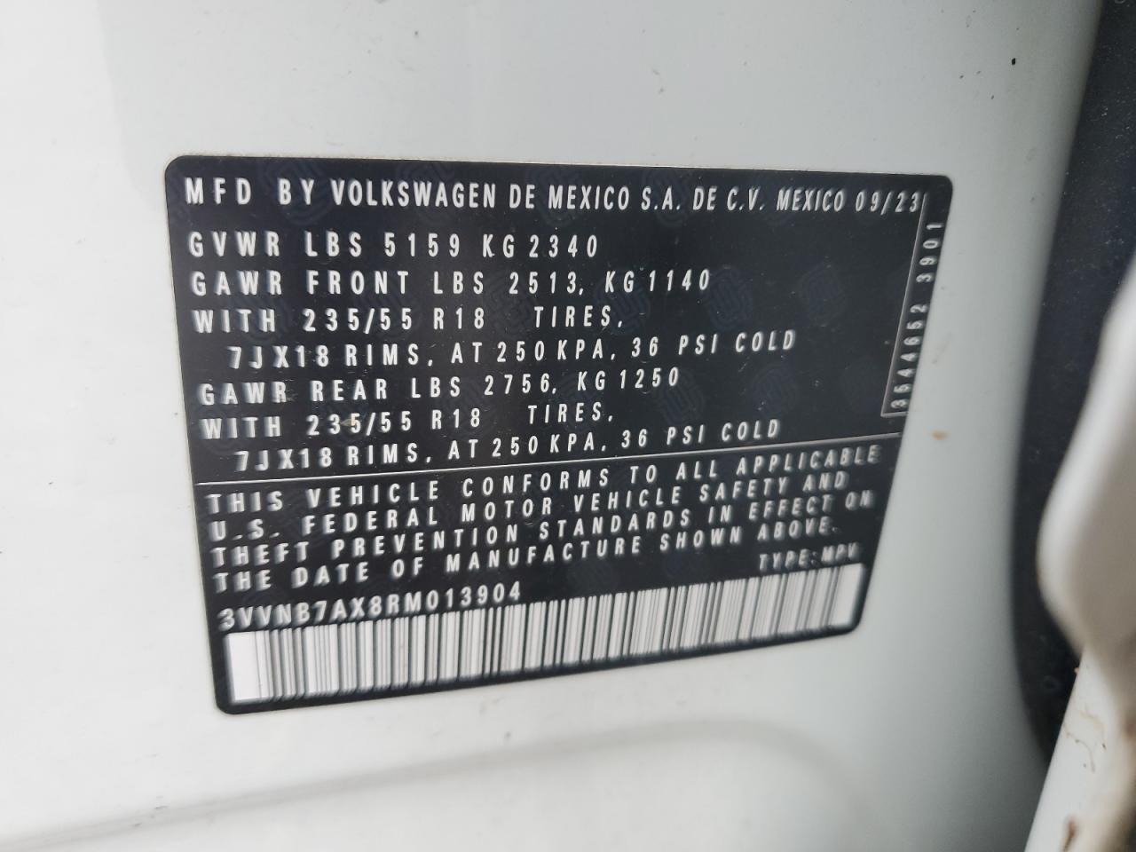 2024 Volkswagen Tiguan VIN 3VVNB7AX8RM013904 Copart auction photo, top/roof damage thumbnail 16