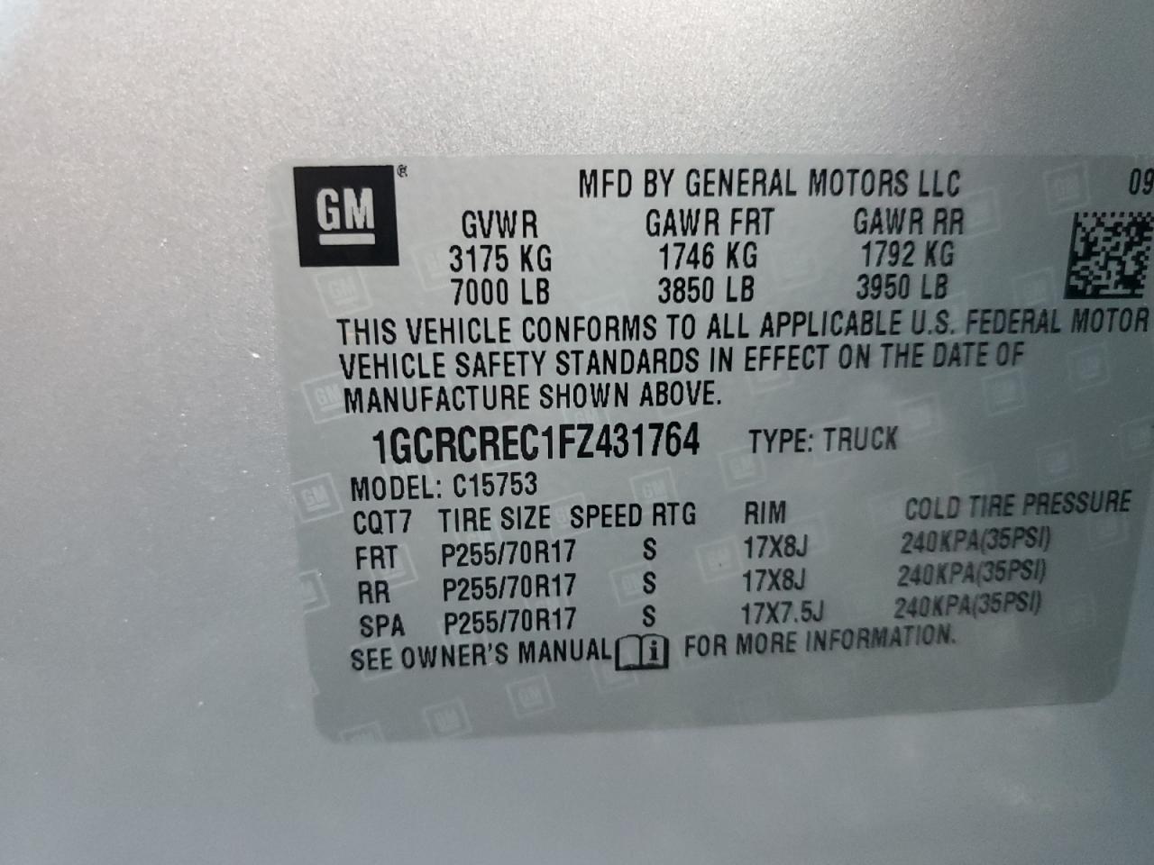 2015 Chevrolet Silverado VIN 1GCRCREC1FZ431764 Copart auction photo, front end damage thumbnail 13