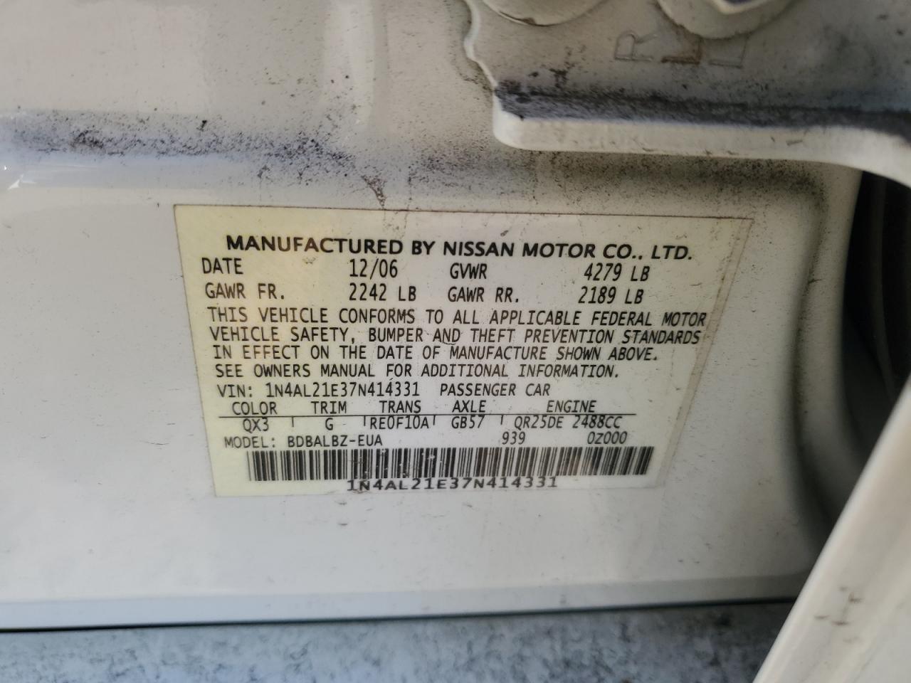 2007 Nissan Altima VIN 1N4AL21E37N414331 Copart auction photo, front end / rear end damage thumbnail 14