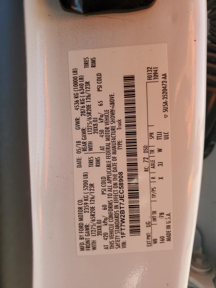 2018 Ford F250 VIN 1FT7W2BT7JEC58908 Copart auction photo, all over damage thumbnail 12