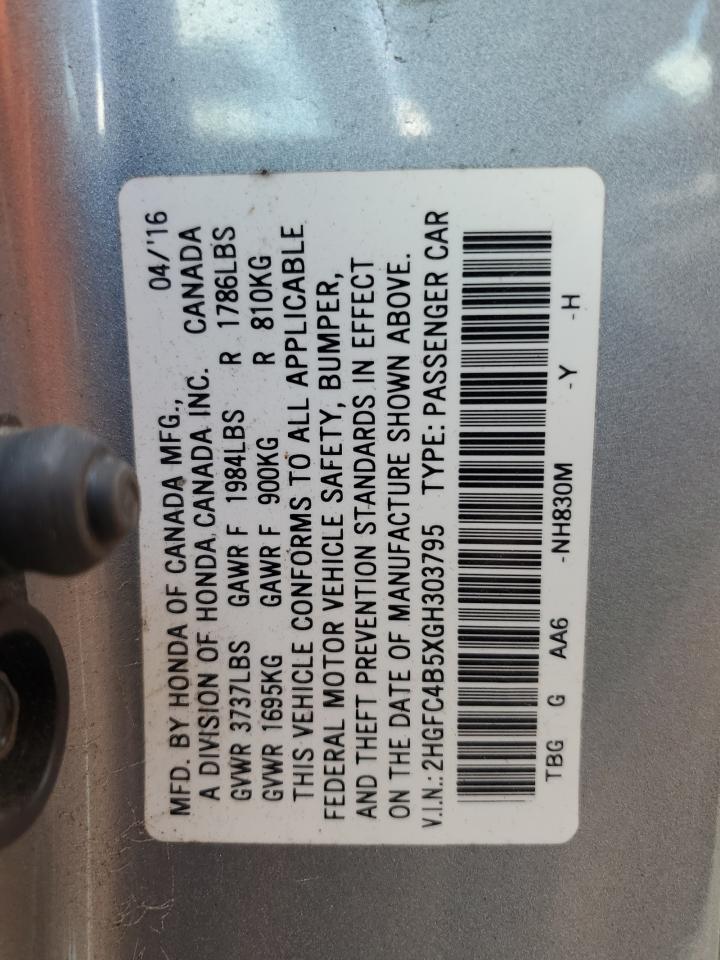 2016 Honda Civic VIN 2HGFC4B5XGH303795 Copart auction photo, front end / rear end damage thumbnail 13