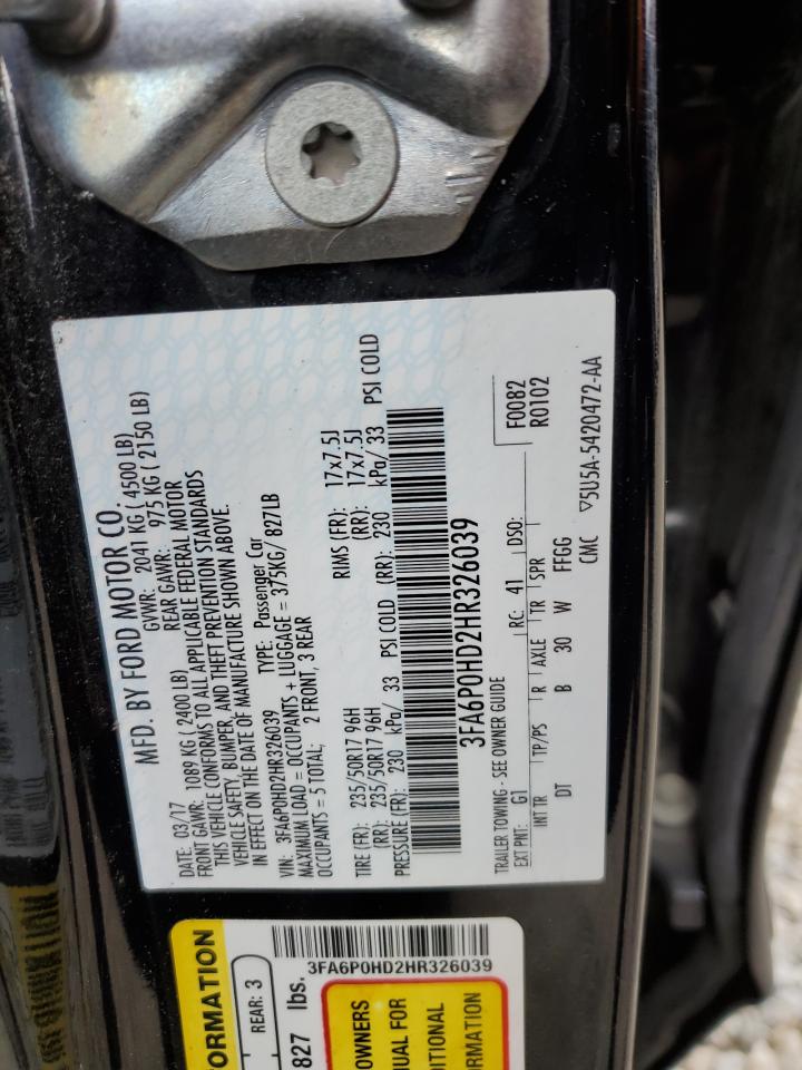 2017 Ford Fusion VIN 3FA6P0HD2HR326039 Copart auction photo, rear end damage thumbnail 12