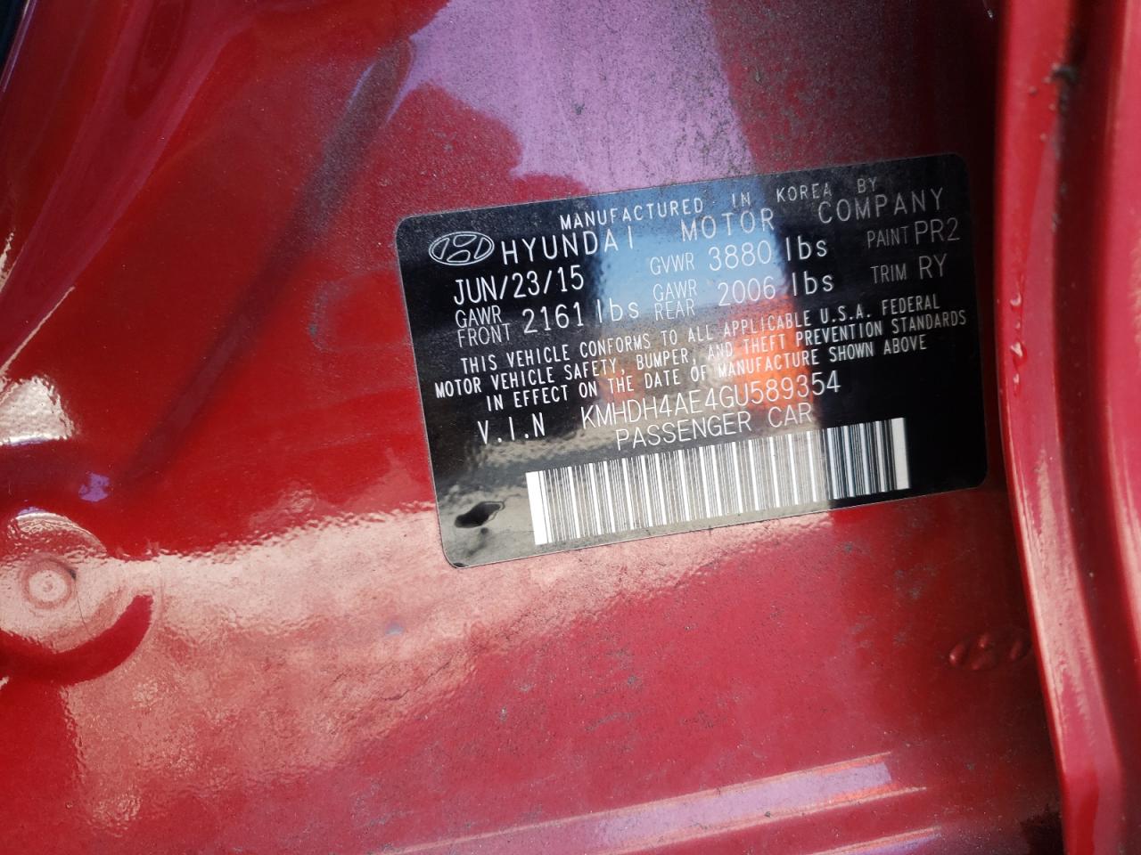 2016 Hyundai Elantra VIN KMHDH4AE4GU589354 Copart auction photo, front end damage thumbnail 13