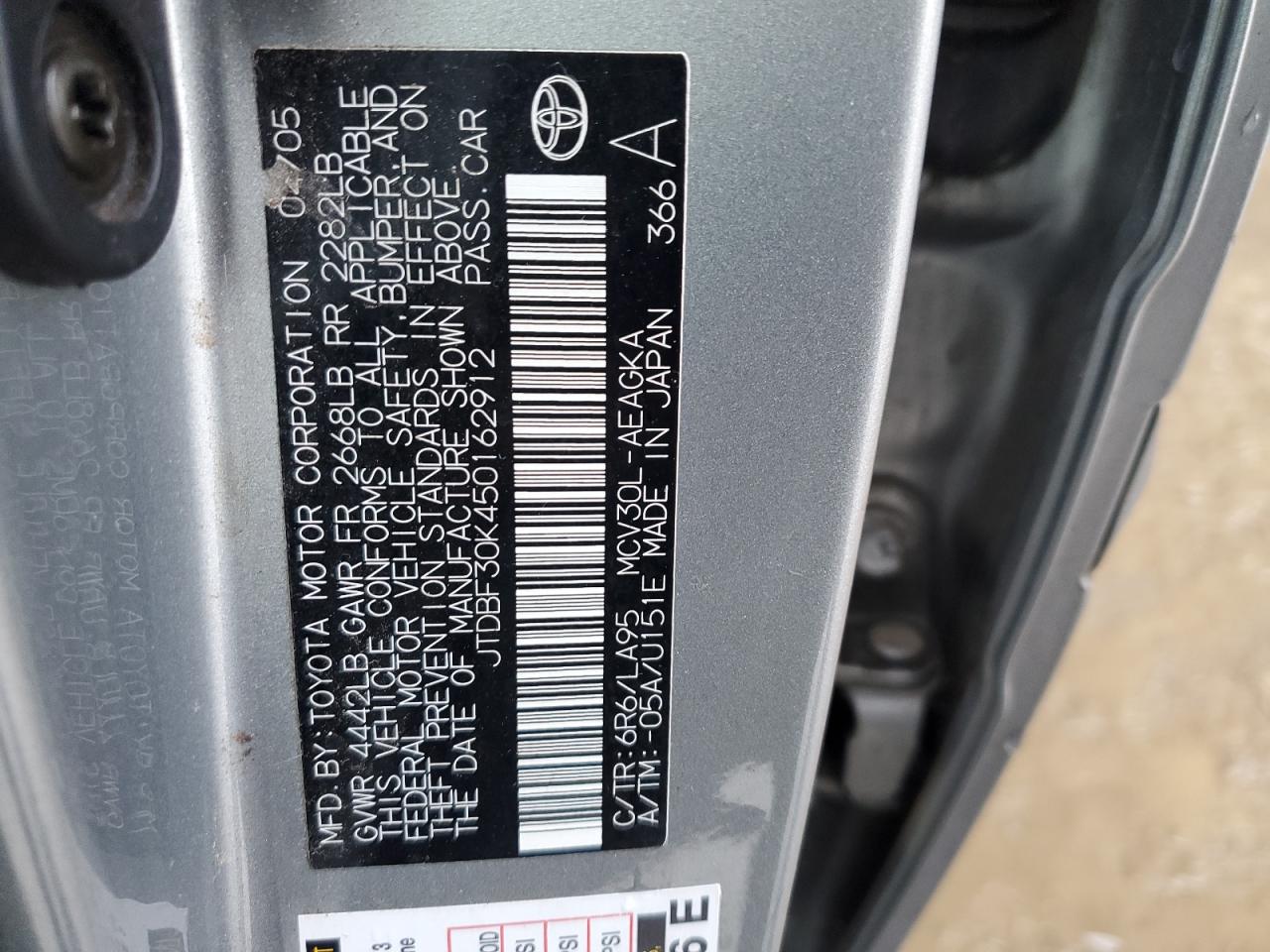 2005 Toyota Camry VIN JTDBF30K450162912 Copart auction photo, rear end damage thumbnail 12