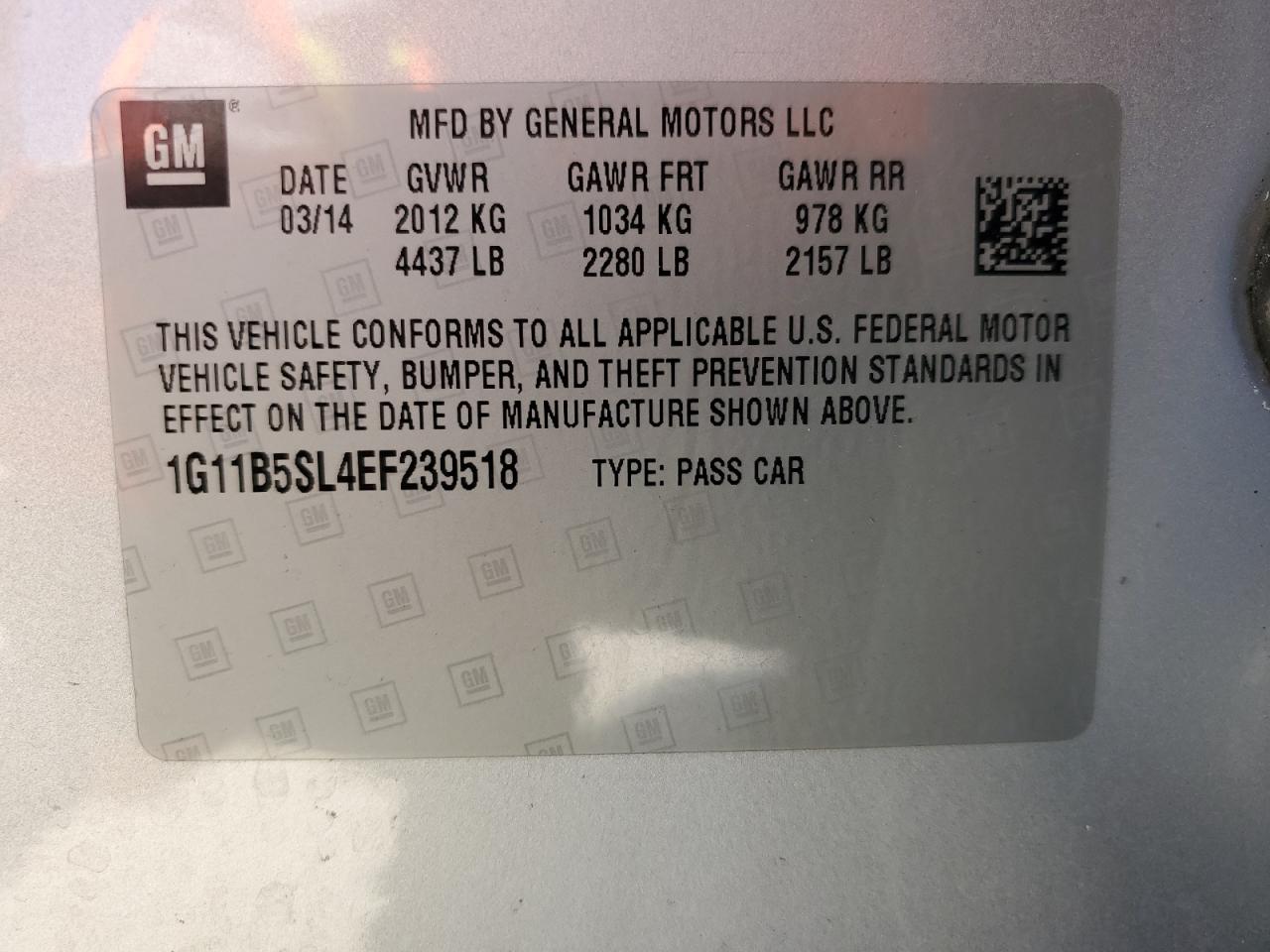 2014 Chevrolet Malibu VIN 1G11B5SL4EF239518 Copart auction photo, front end damage thumbnail 12