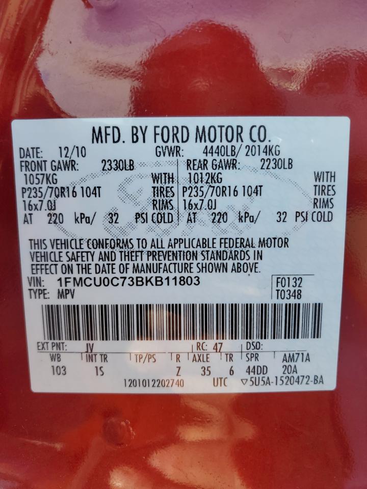 2011 Ford Escape VIN 1FMCU0C73BKB11803 Copart auction photo, rear end / side damage thumbnail 13