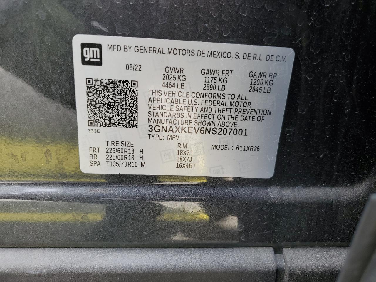 2022 Chevrolet Equinox VIN 3GNAXKEV6NS207001 Copart auction photo, front end damage thumbnail 15