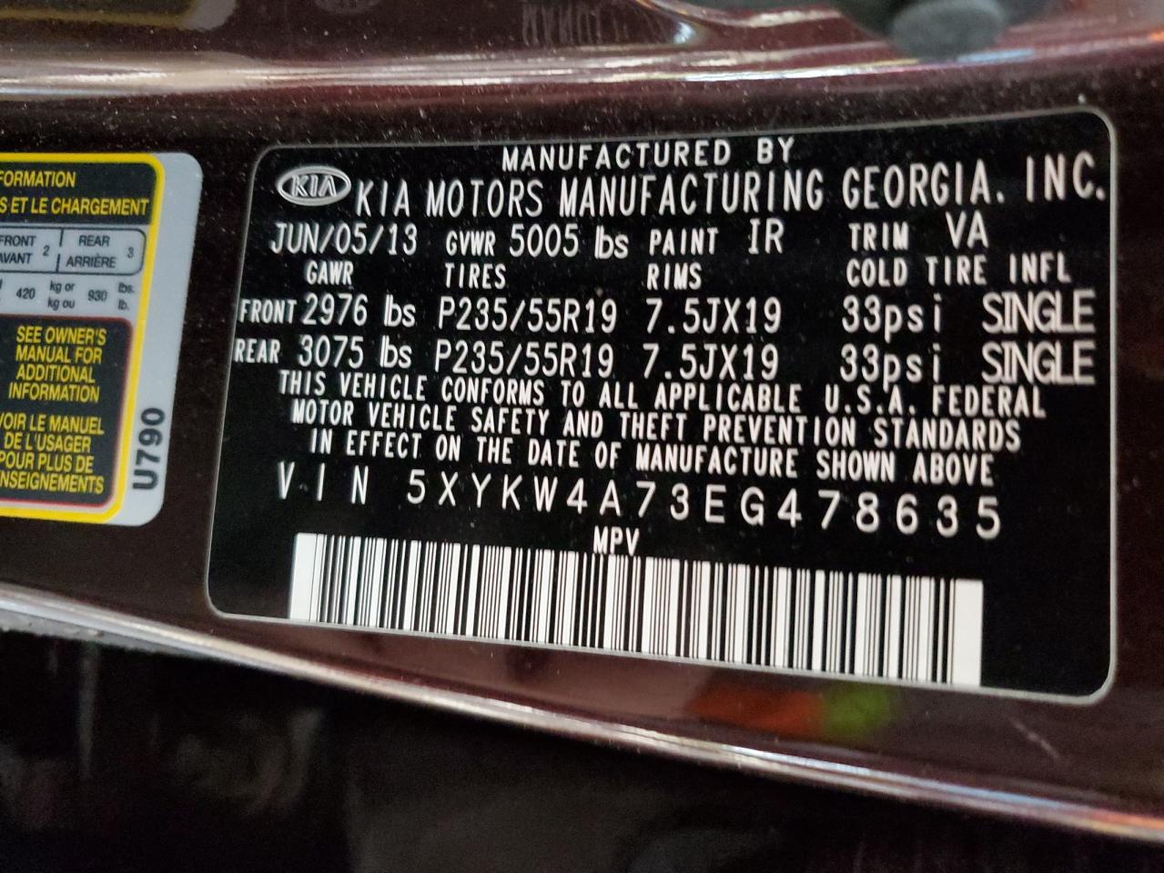 2014 KIA Sorento VIN 5XYKW4A73EG478635 Copart auction photo, front end / side damage thumbnail 13