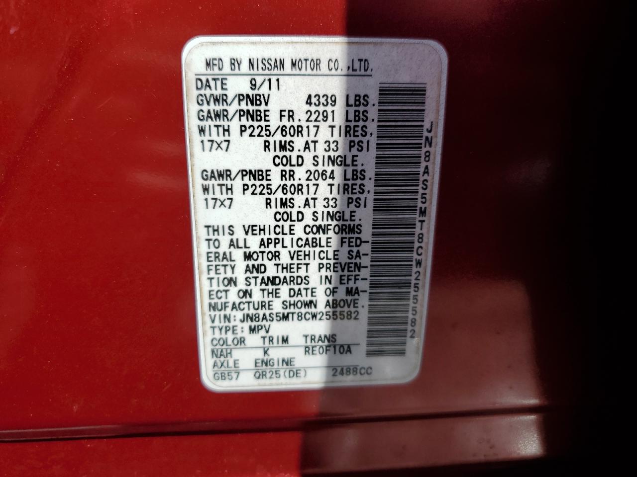 2012 Nissan Rogue VIN JN8AS5MT8CW255582 Copart auction photo, rear end / side damage thumbnail 13