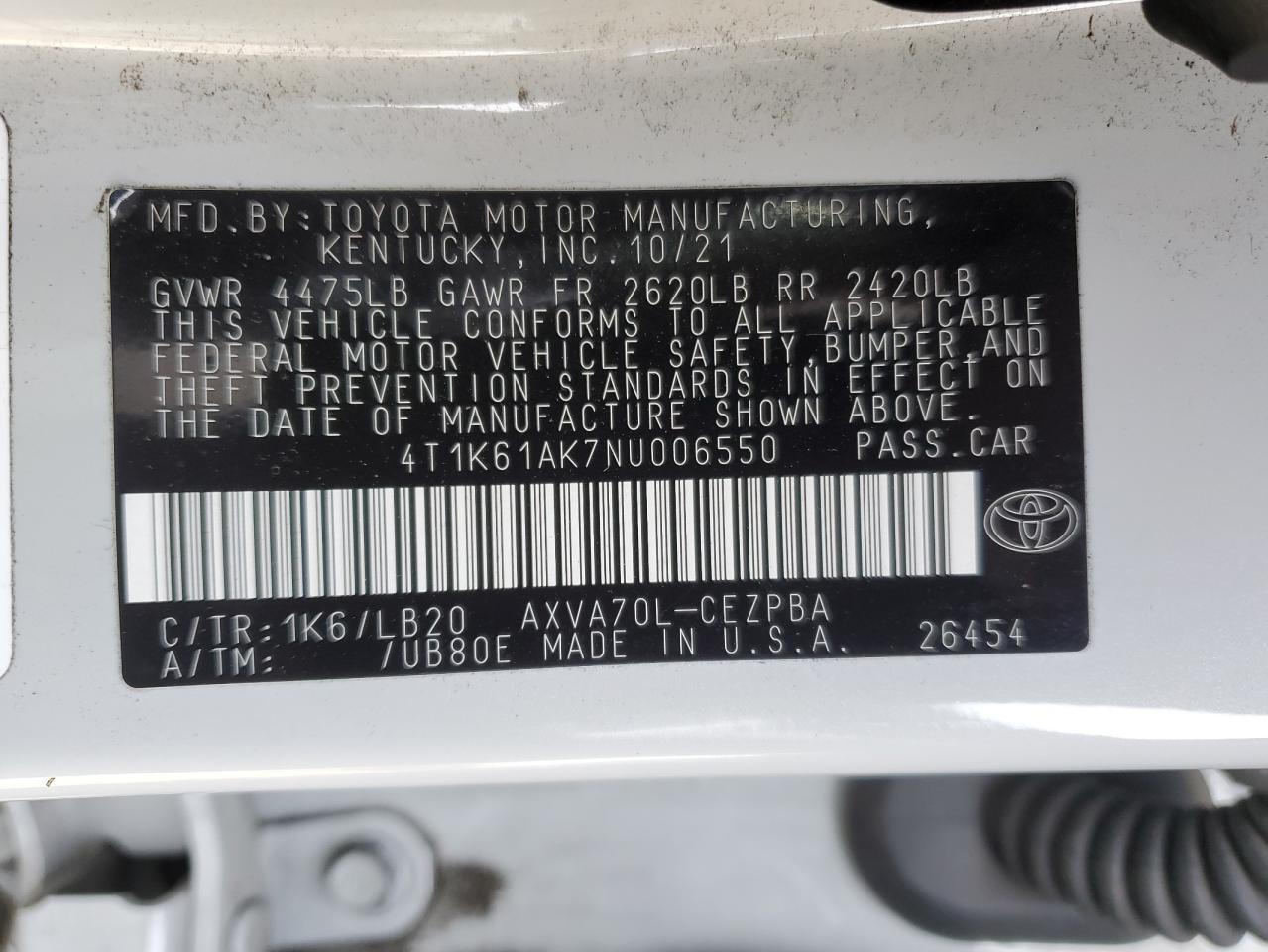2022 Toyota Camry VIN 4T1K61AK7NU006550 Copart auction photo, rear end damage thumbnail 14